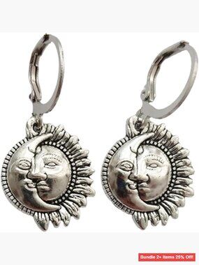 Vintage Bohemian Sun Moon Leverback Earrings Non-Precious Metal